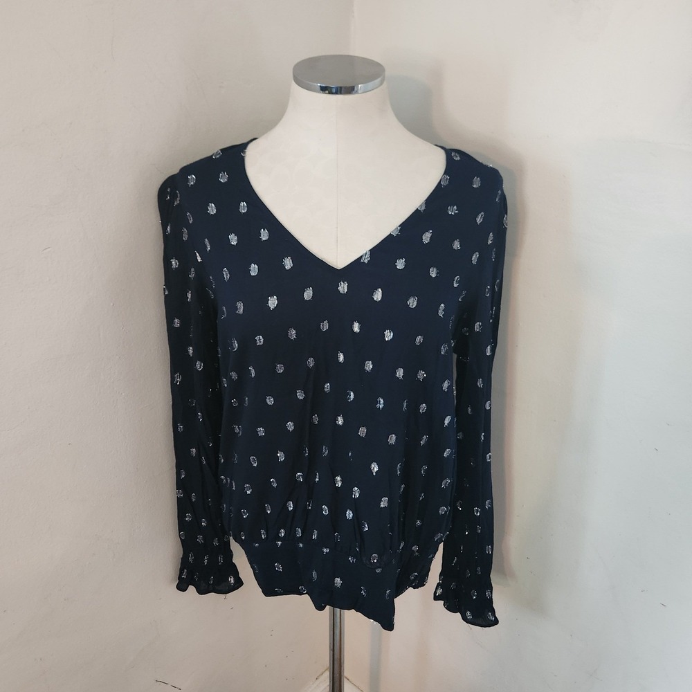 Ann Taylor Factory Navy Blue Silver Metallic Clip Dot Smocked Blouse Large